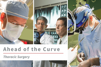 Three images of WashU Thoracic Surgery faculty (from left to right) Benjamin Kozower, MD, MPH, Varun Puri, MD, MSCI, with Bryan Meyers, MD, MPH, and Daniel Kreisel, MD, PhD, with text overlay that reads "Ahead of the Curve Thoracic Surgery."